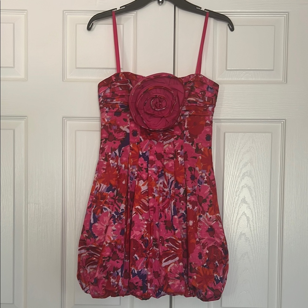 BCBGMaxAzria Red and Pink With Large Rosette Strapless Bubble Hem Mini Cocktail